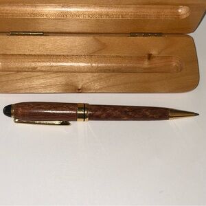New Elegant Beautiful Brown Wood Ballpoint Pen with Gold Accents plus wood case.